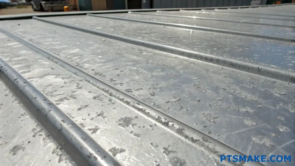 Close-up of a galvanized metal roof with corrosion spots