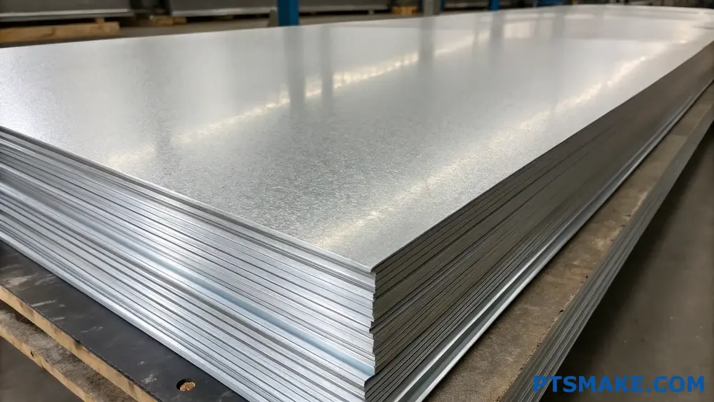 Stack of galvanized steel sheets in a warehouse