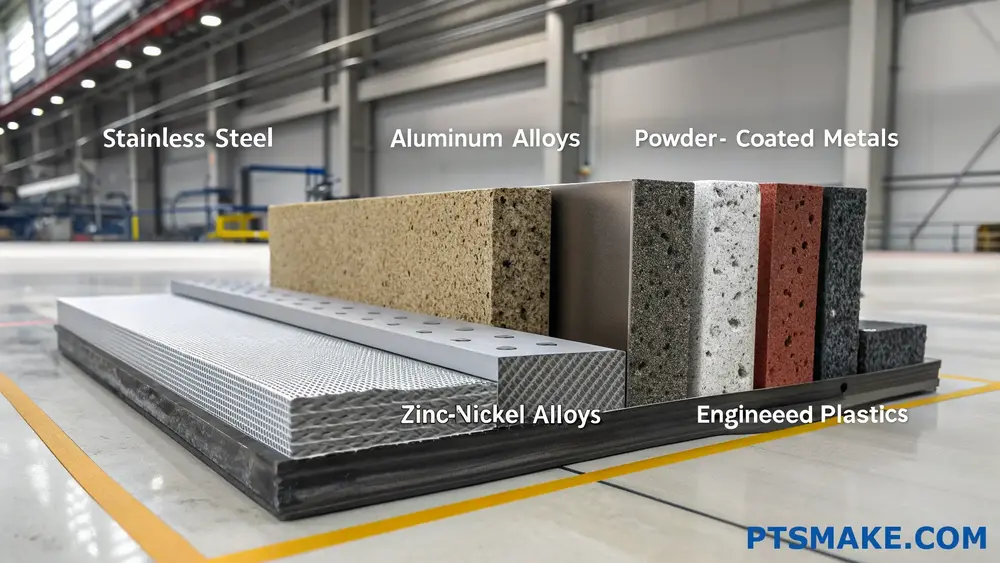 Different industrial material samples including metals and engineered plastics