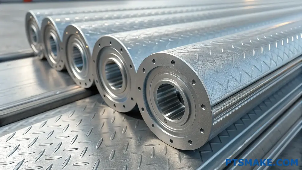 Close-up of precision-machined metal conveyor rollers with a textured surface