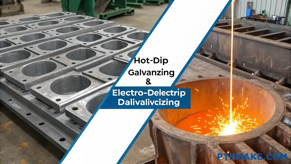 Metal parts undergoing hot-dip galvanizing in an industrial setting