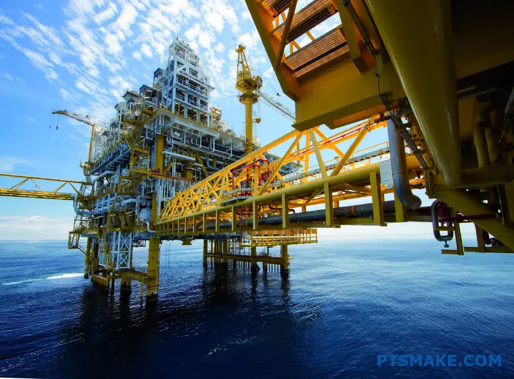 Close-up view of a steel offshore platform with water droplets
