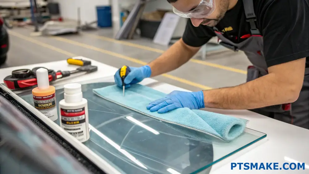 Technician Repairing A Glass Panel With Tools