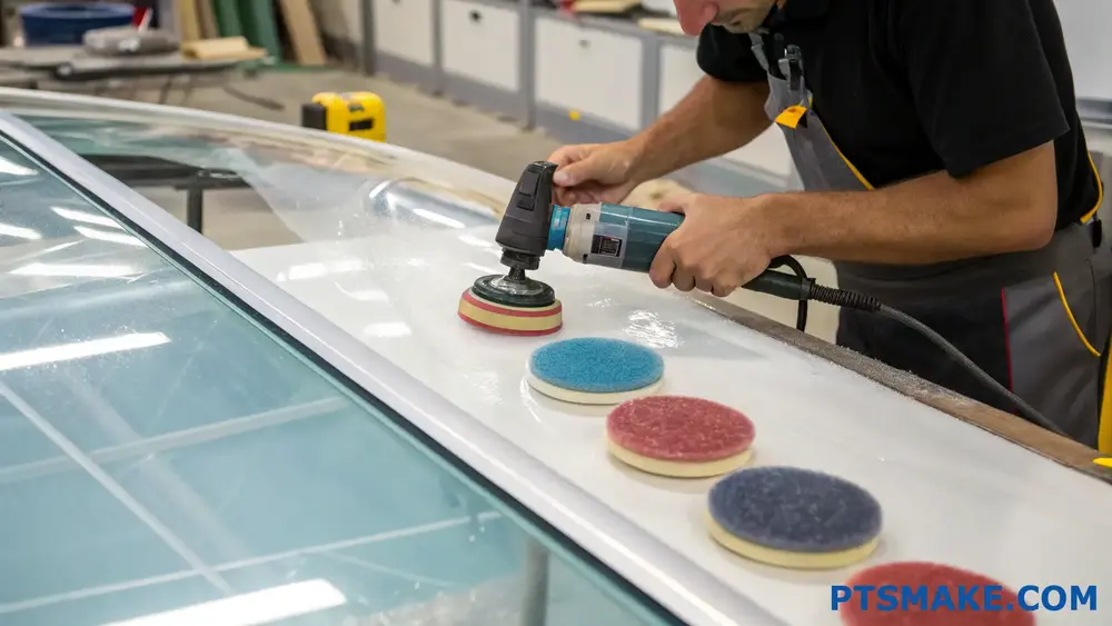 Worker Using Electric Polisher On Clear Polycarbonate Surface