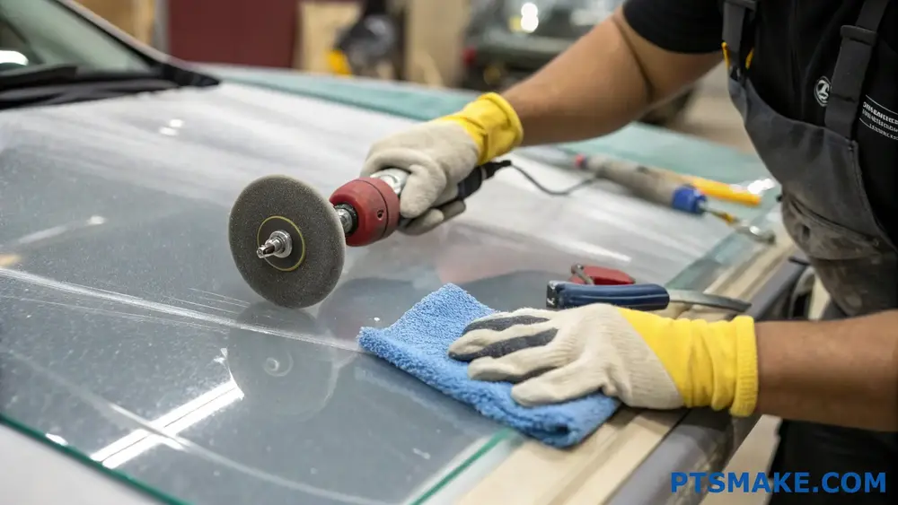 Worker Polishing Polycarbonate Surface With Electric Tool