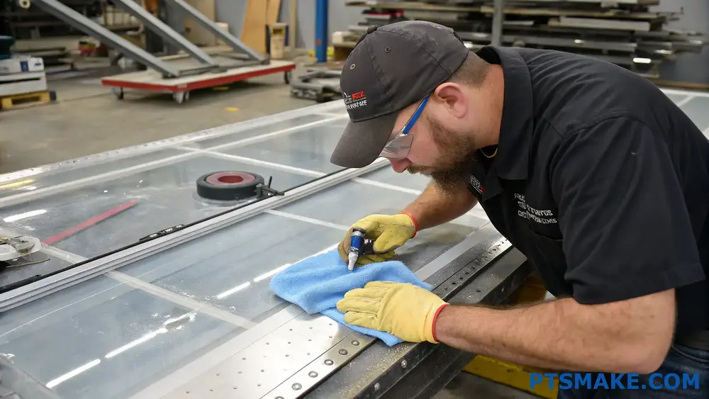 Engineer Inspecting Metal Surface With Precision Tool