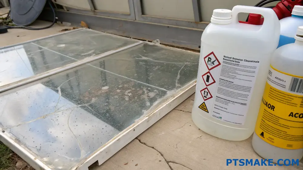 Broken Polycarbonate panels near chemical containers on ground