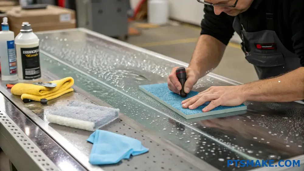 Worker sanding part on metal workbench with tools nearby