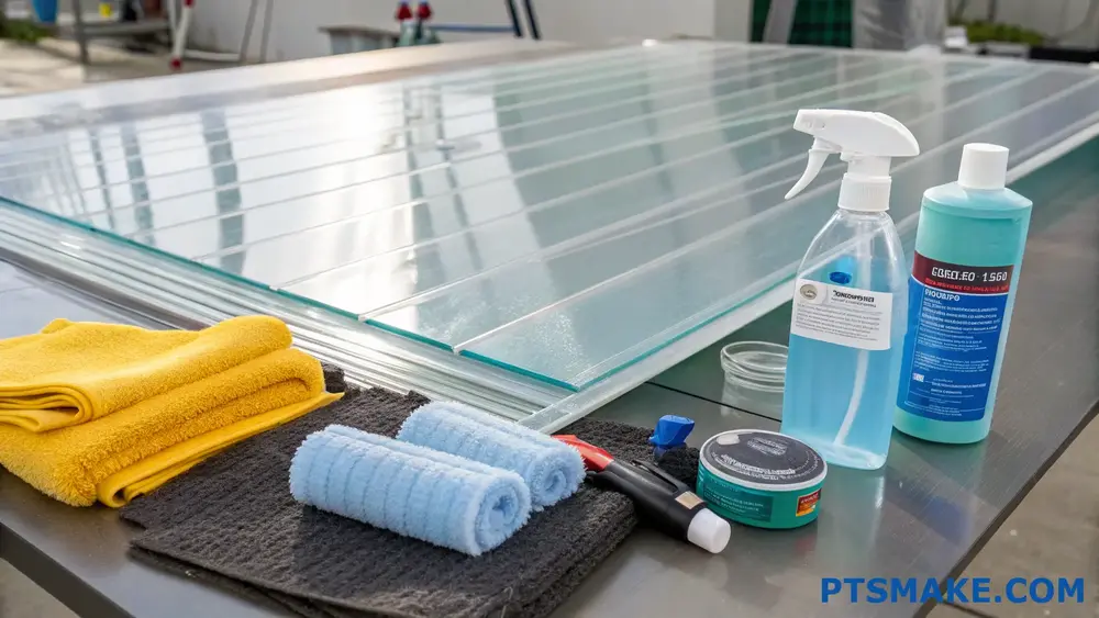 Glass sheets with cleaning supplies on metal table