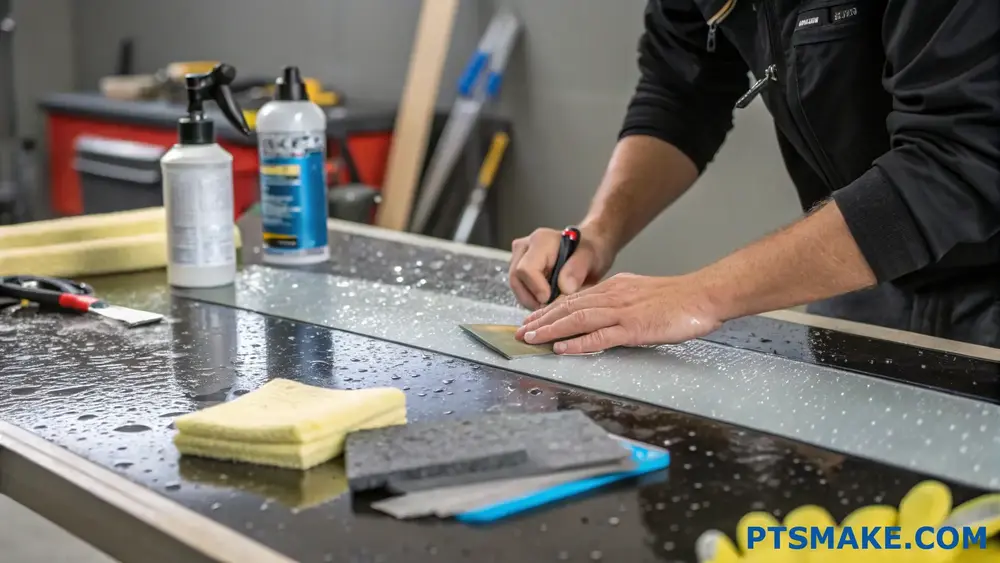 Technician manually polishing a metal sheet