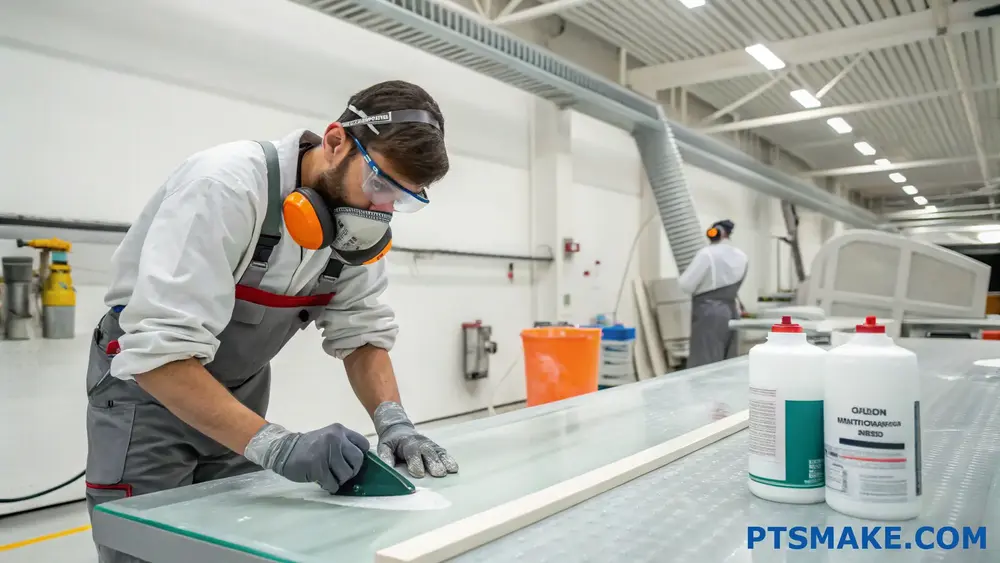 Technician sanding material in clean manufacturing facility