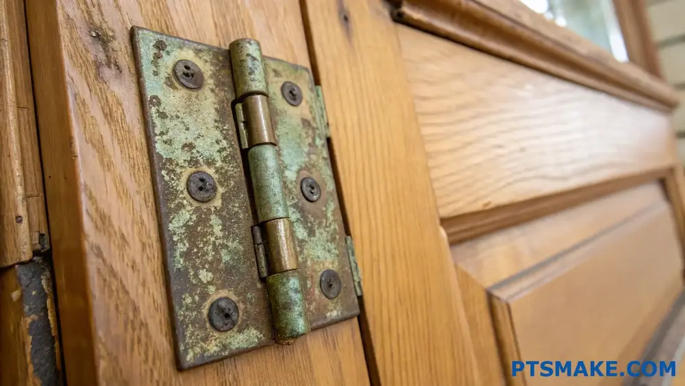 Gros plan d'une charnière métallique rouillée sur une porte en bois