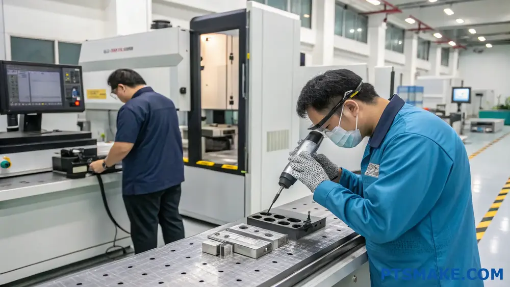 Un ingénieur inspecte une pièce usinée CNC avec un outil de mesure