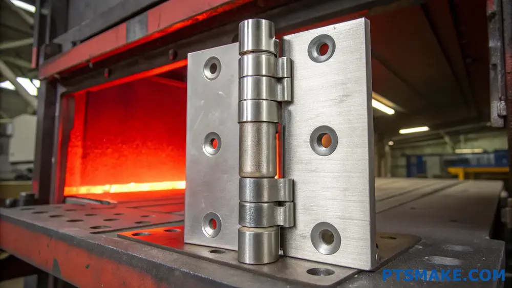 Gros plan sur une charnière métallique de précision sur un établi