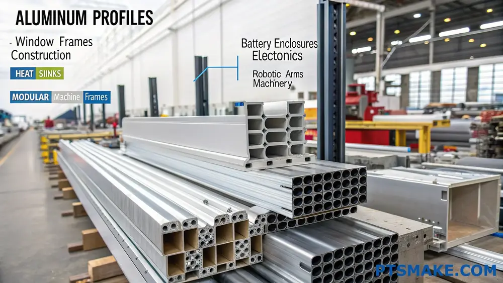 Stacked aluminum profiles in industrial warehouse