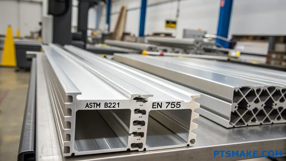 Aluminum profiles labeled ASTM B221 and EN 755