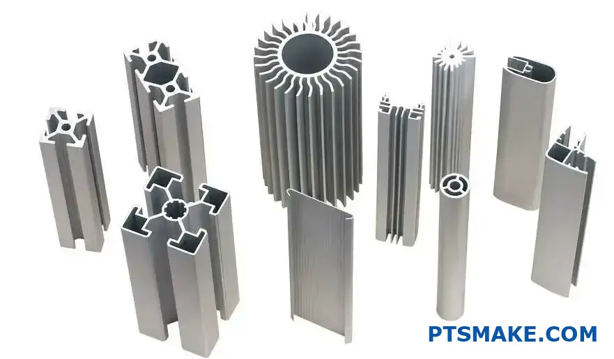 Close-up of aluminum extrusion profiles on workshop table