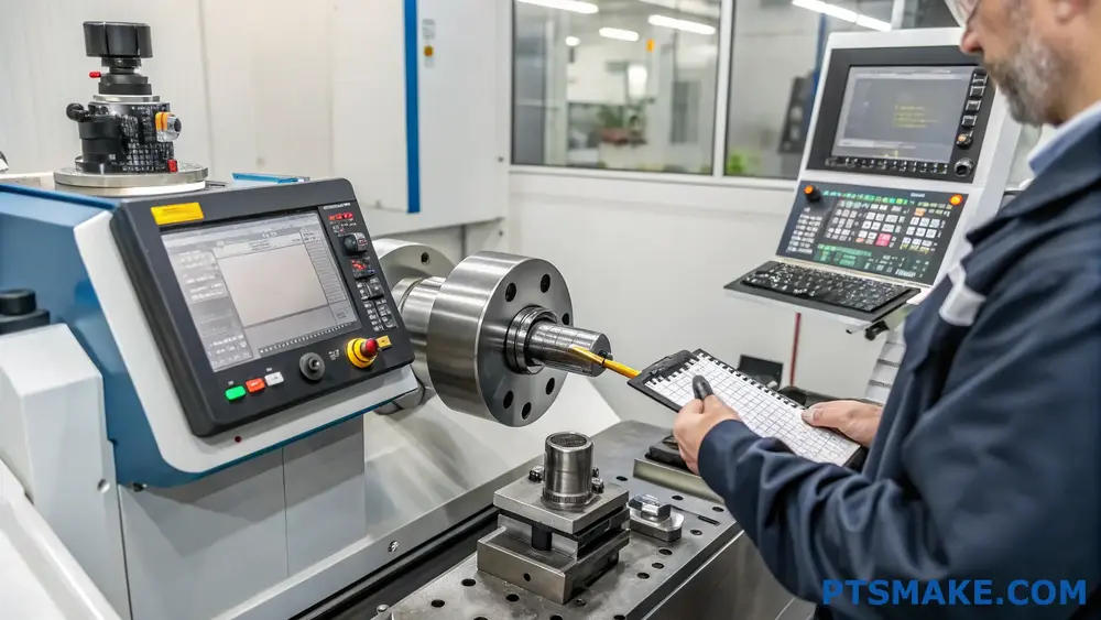 Ingegnere che monitora un tornio CNC con pannello di controllo