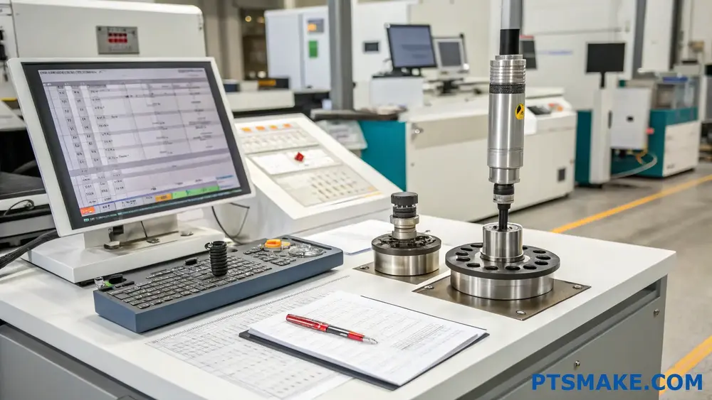 Banco di controllo della macchina CNC con schermo e strumenti di calibrazione