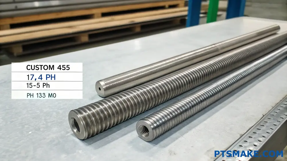 Three precision threaded stainless steel rods on table