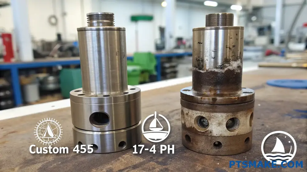 Custom 455 vs 17-4 PH steel part corrosion test