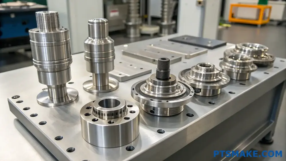 Various CNC machined metal components on a workbench