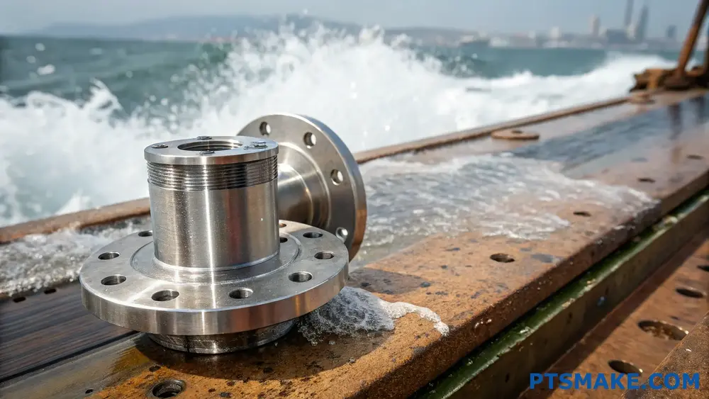 Precision CNC machined stainless steel flange near seawater