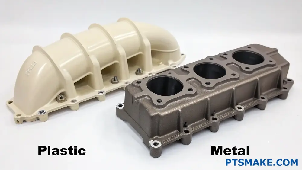 Plastic and metal engine components side by side comparison