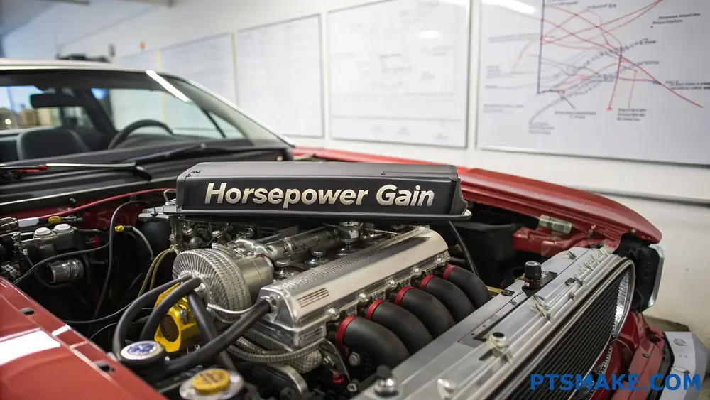Close-Up Of Car Engine With Horsepower Gain Label