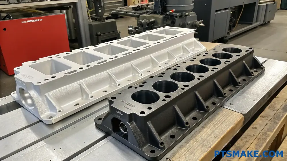 Precision milled engine blocks on metal workbench