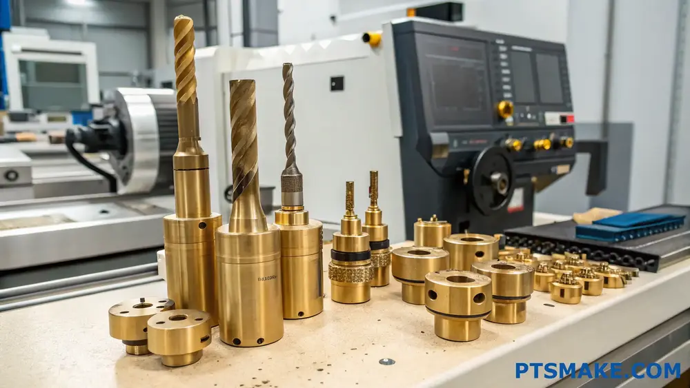 Präzisionsmessingteile und Werkzeuge auf CNC-Maschinentisch