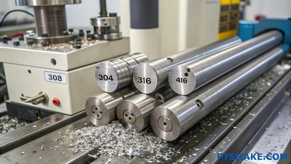 Precision stainless steel rods on CNC machine bed