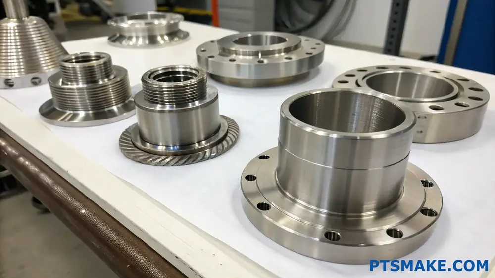 Precision CNC machined metal parts displayed on a white table