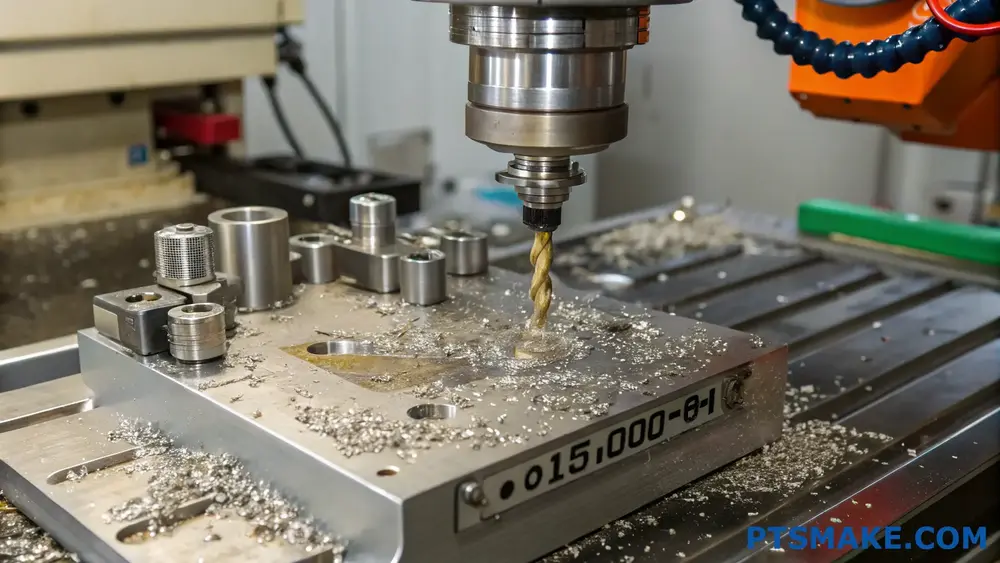 CNC milling machine drilling metal component