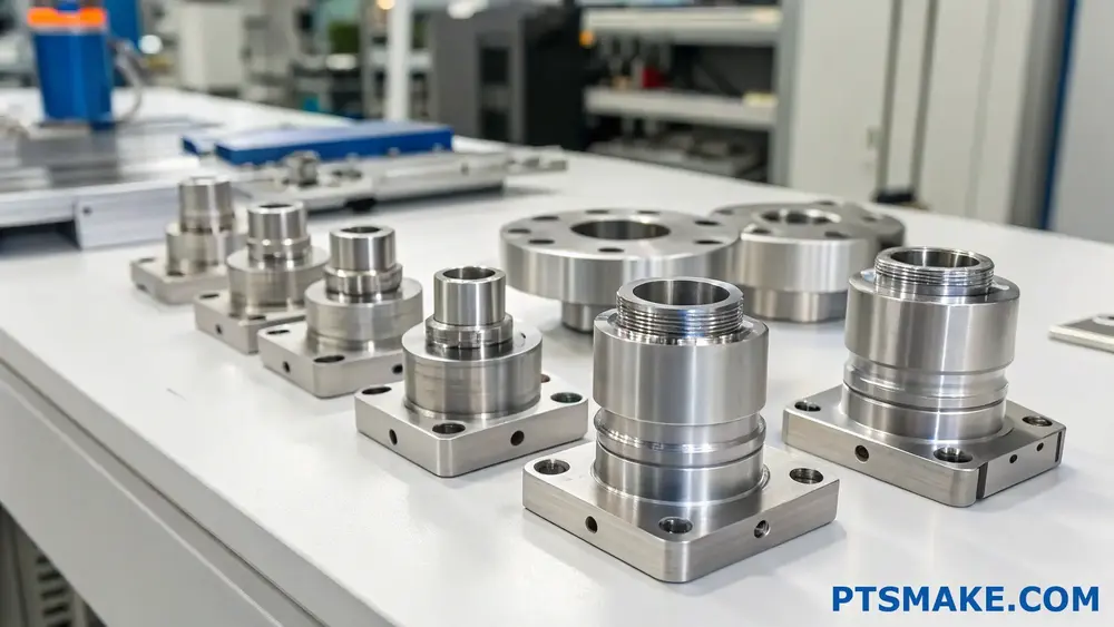 Precision CNC machined metal parts on workbench