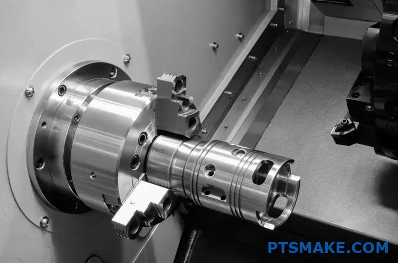 CNC machine cutting metal workpiece with end mill