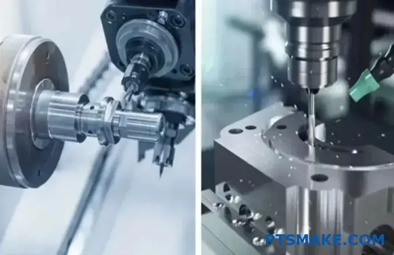CNC machine cutting metal with coolant spray