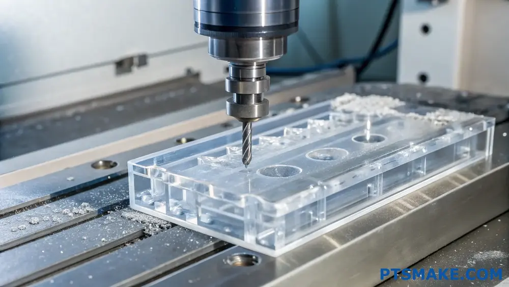 CNC-Maschine fräst Prototyp-Block aus klarem Kunststoff