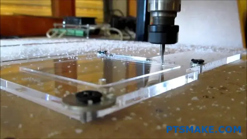 透明なアクリル板を製粉するCNC