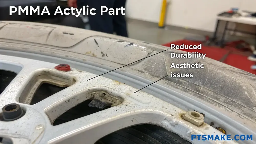 PMMA part with visible cracks and surface damage