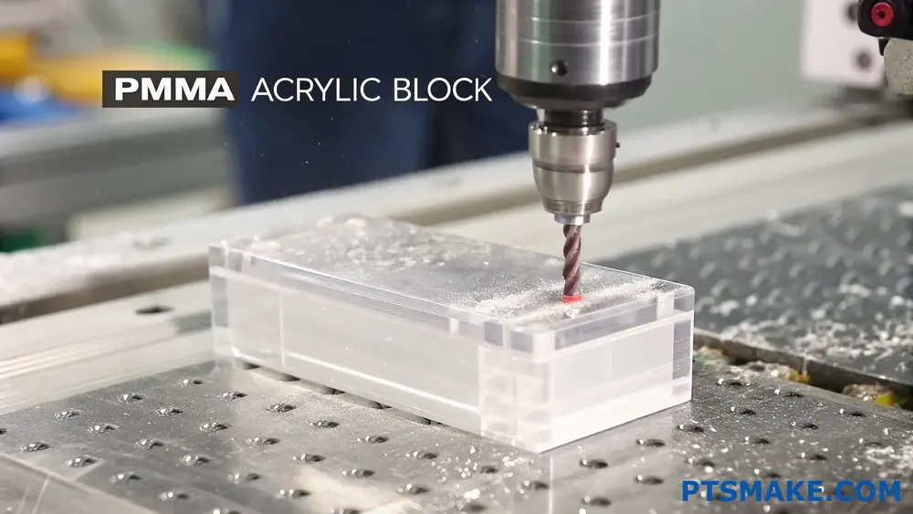 CNC machine cutting clear PMMA acrylic block