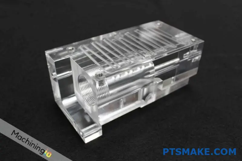 Transparent CNC machined plastic component with metal inserts