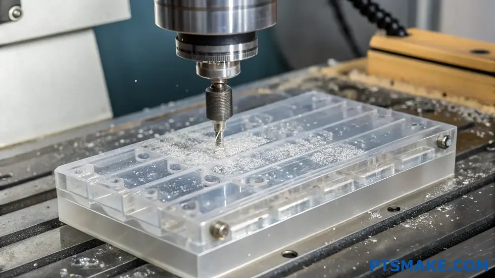 CNC machine cutting clear acrylic sheet with precision