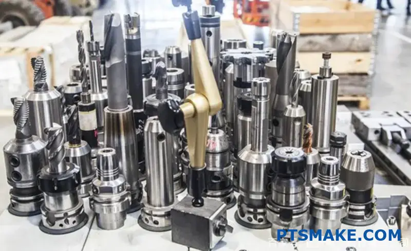 Various drill bits and tools on a CNC machine table