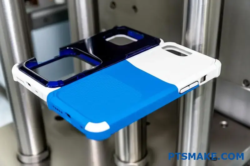 telefonfodral av plast i två färger tillverkat genom formsprutningsprocess med två skott