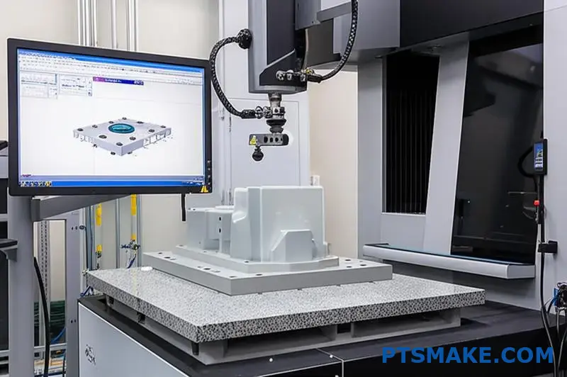 CMM-machine meet groot gegoten kunststof onderdeel voor dimensionale verificatie