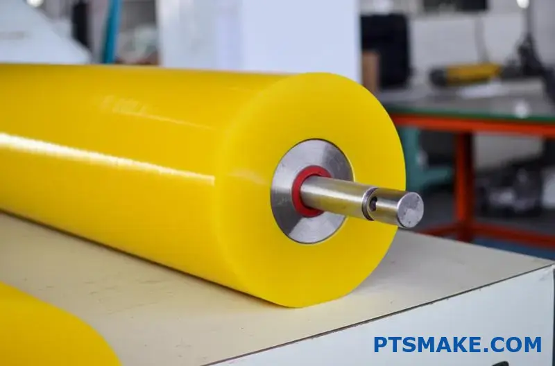 Rodillo de poliuretano amarillo con núcleo metálico para maquinaria industrial