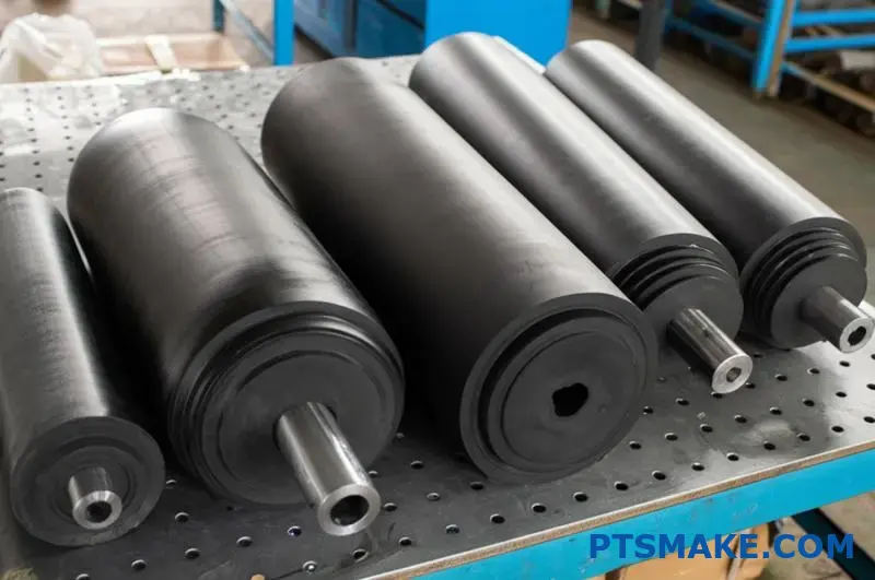 Diversos rodillos de caucho contorneados para uso industrial, incluidos diseños de barril y reloj de arena