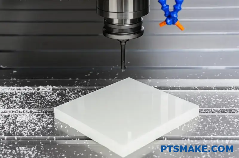CNC-bewerking UHMW blok met zichtbaar gereedschap en kunststof schaafsel