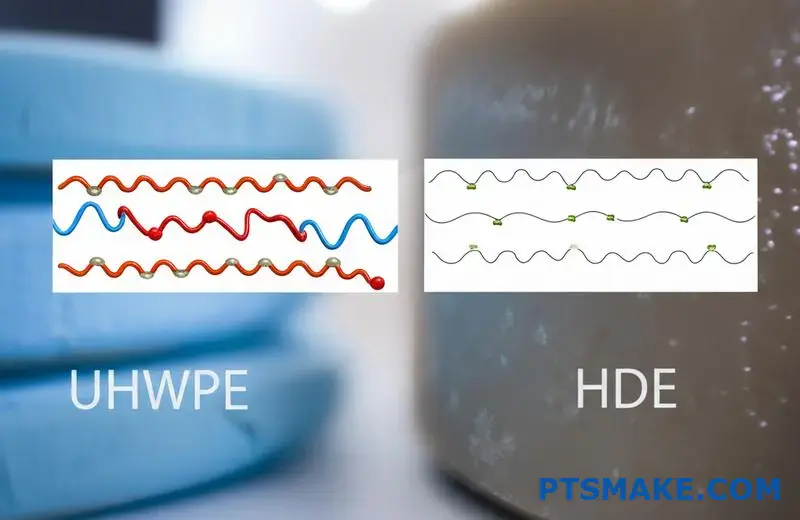 Vergelijking van de polymeerstructuur van UHMWPE en HDPE met illustratie van de ketenlengte